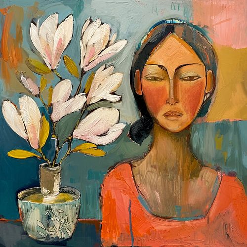 Portretschilderij van vrouw en boeket magnolias in vaas