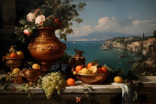 Stilleven met rozen en druiven voor de baai