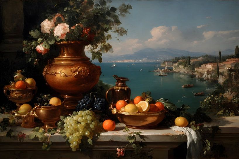 Still life with roses and grapes in front of the bay by Skyfall