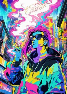 Cyberunk Mann rauchend mit bunter Stadtlandschaft