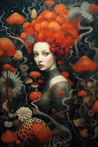 Very beautiful woman covered in strange flowers