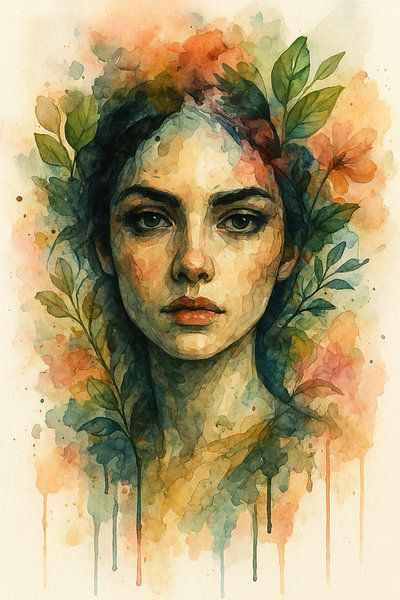 Enigme de la nature : Portrait de femme à l'aquarelle avec des éléments botaniques par panika friantama