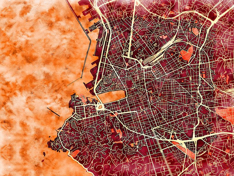 Map of Marseille centrum with the style 'Amber Autumn' by Maporia
