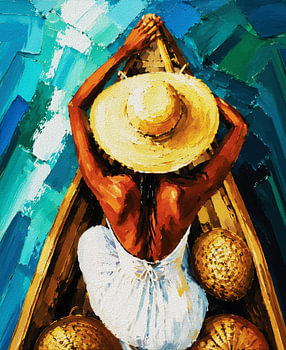 Vrouw in de boot – schilderij met textuur, gemaakt met een paletmes