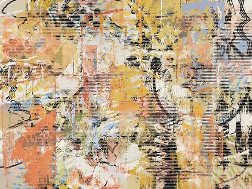 Abstract kunstwerk met geel oranje lila lichtgroen en zwart