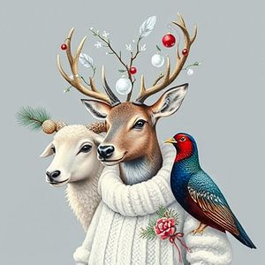 Ein Schaf, ein Rentier und ein Fasan im Weihnachtsstil.