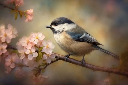 Vogel met roze bloesem - warm lentegevoel van Joriali Fine Art