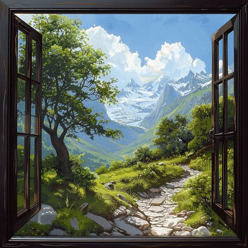Uitzicht vanuit het raam op de Alpen