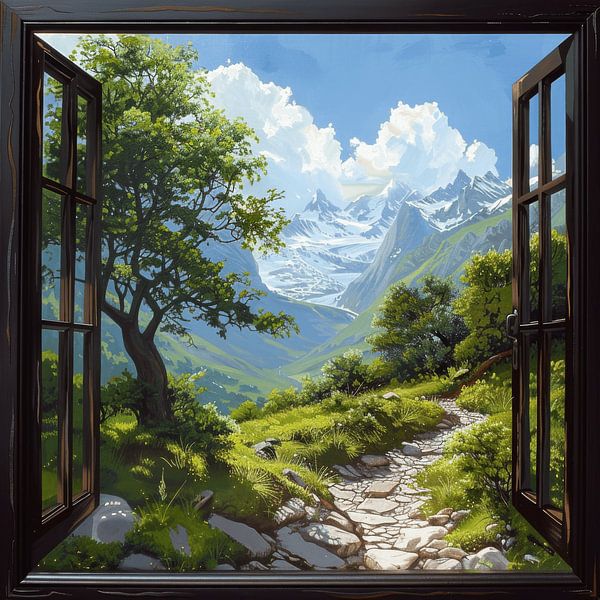 Fensterblick auf die Alpen von Poster Art Shop