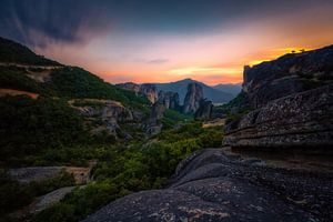 Colorful sunset over the Holy rocks of Meteora, Greece by Konstantinos Lagos