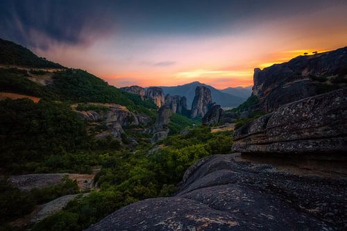 Colorful sunset over the Holy rocks of Meteora, Greece
