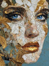 Mozaïek Vrouwenportret met Blauwe Ogen en Goud – Exclusieve Luxe Wanddecoratie
