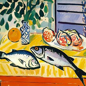 Nature morte colorée avec deux poissons sur Vlindertuin-Art