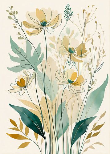 Elegante illustratie van botanische bloemen in pastelkleuren met minimalistische bladeren