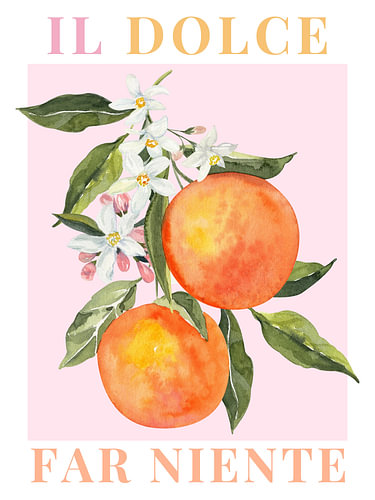 Orangefarbener italienischer Druck, „Il Dolce Far Niente“, Italien, Obst-Wandkunst, Küchendruck von Bella studio