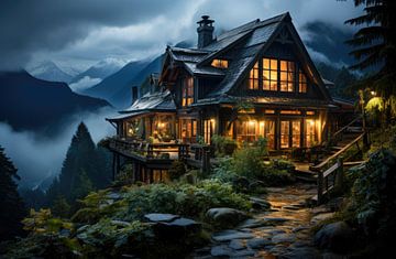 Houten huis in de Alpen van Harry Cathunter