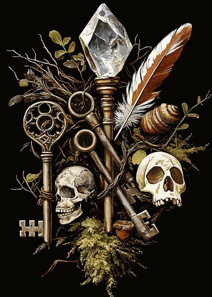 Mystical composition of keys, skulls and crystal by Pixelbull Design