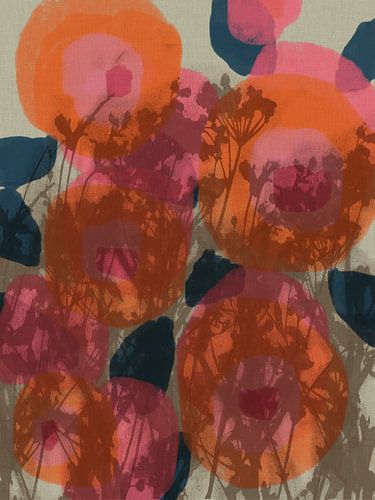 Kleurrijke botanische kunst in oranje, bruin, roze, blauw. Monotypes weidebloemen.