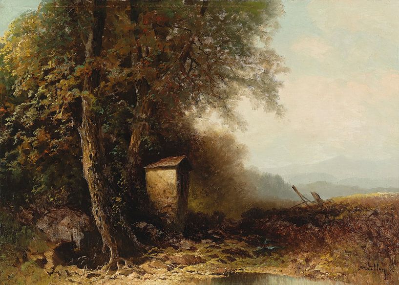 Un paysage d'automne avec un sanctuaire au bord du chemin, Oskar Mulley par Des maîtres magistraux