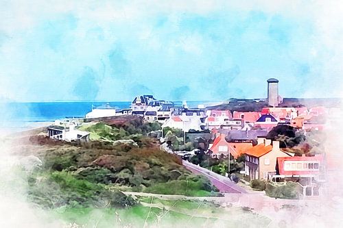 Aquarell, Ansicht von Domburg von der Westseite.