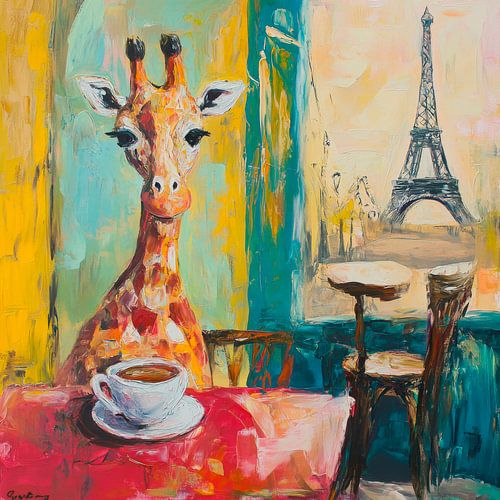 Giraffe in café with Eiffel Tower