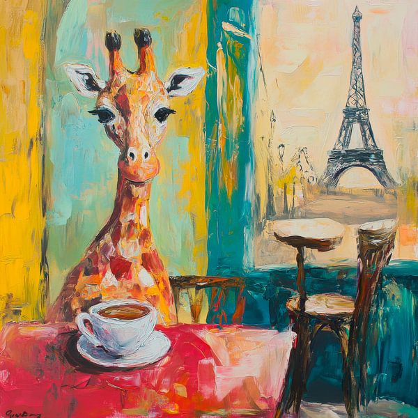 Giraffe in café with Eiffel Tower by Poster Art Shop