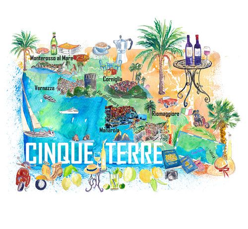 Cinque Terre Italien Illustrierte Mittelmeer-Reisekarte mit Highlights der Ligurischen Küste