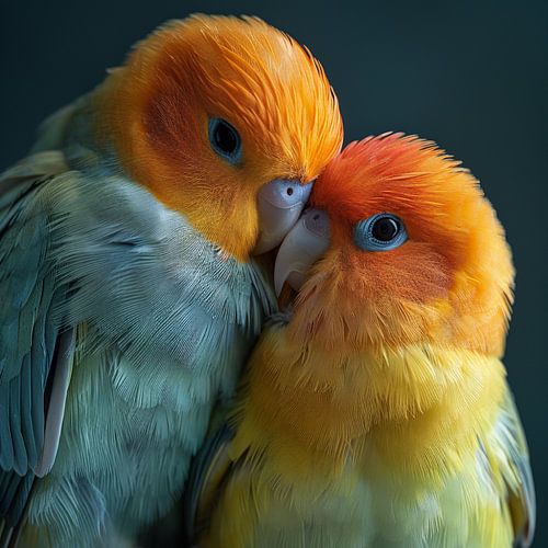 Un couple d'inséparables se blottissant l'un contre l'autre, aux plumes orange et jaunes