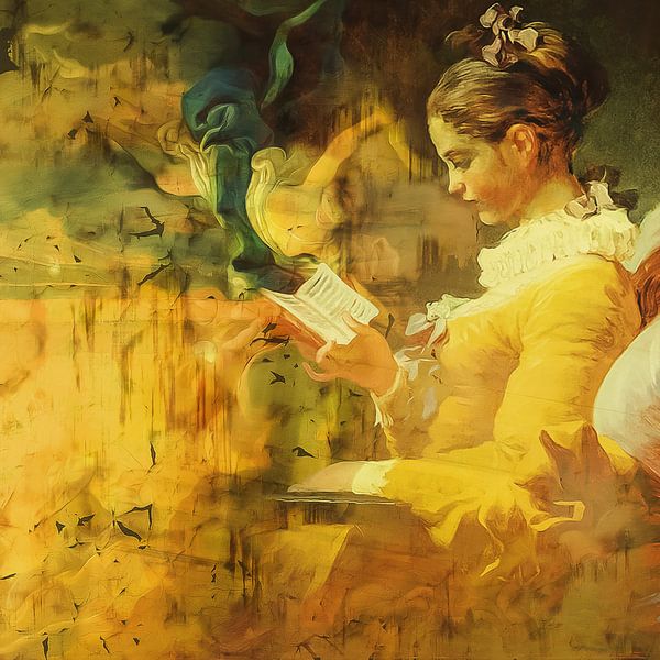 Klassische Collage mit Leser in gelb von Joost Hogervorst