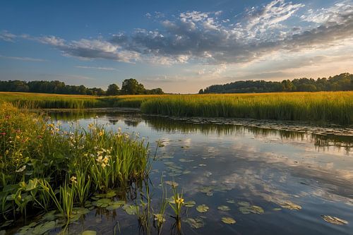 Paysage estival pittoresque avec des fleurs et de l'eau