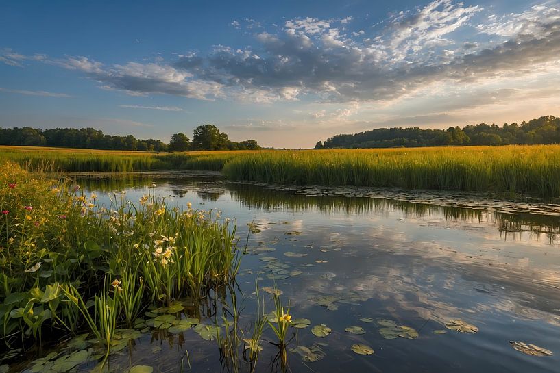 Malerische Sommerlandschaft mit Blumen und Wasser von Art & Soul Creations