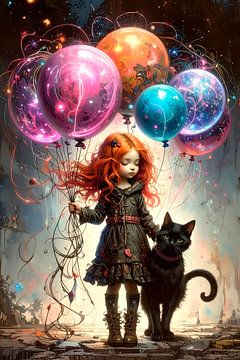 Meisje met ballonnen en kat... van Ans Bastiaanssen