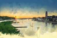 Kleurrijk schilderij zonsondergang Deventer van Arjen Roos thumbnail