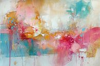 Abstraktes Ölgemälde, rosa, blau, gelb, orange, weiß - 