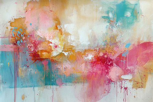Abstract olieverfschilderij, roze, blauw, geel, oranje, wit -  