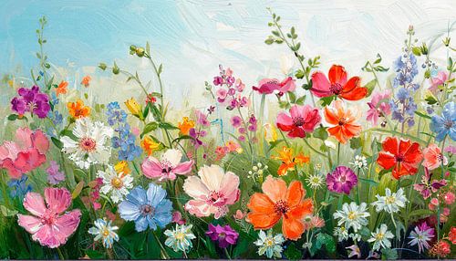 Un champ de fleurs estival aux couleurs vives sous un ciel bleu clair
