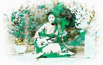 Geisha Spirit dans des couleurs vertes d'été style Japandi sur Mad Dog Art