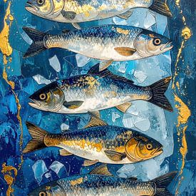 Vissen in een staat van suspensie: karpers in een dans van blauw, wit en goud tussen licht, water en het koele behoud van het moment van AidasignArt