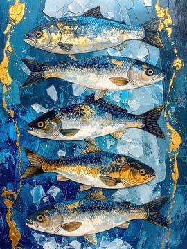 Vissen in een staat van suspensie: karpers in een dans van blauw, wit en goud tussen licht, water en het koele behoud van het moment