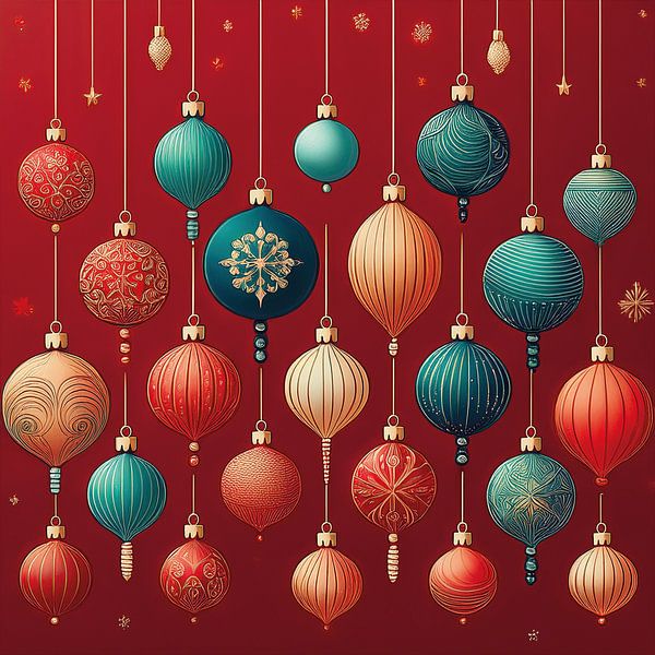 Bunte Weihnachtsdekoration auf Rot von Patricia Hofmeester