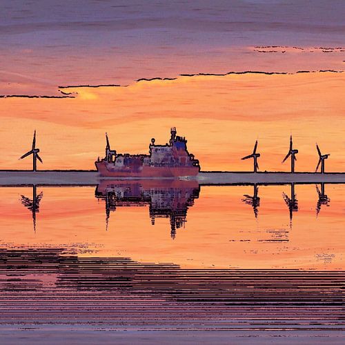 windmolens en containerschip bij zonsondergang