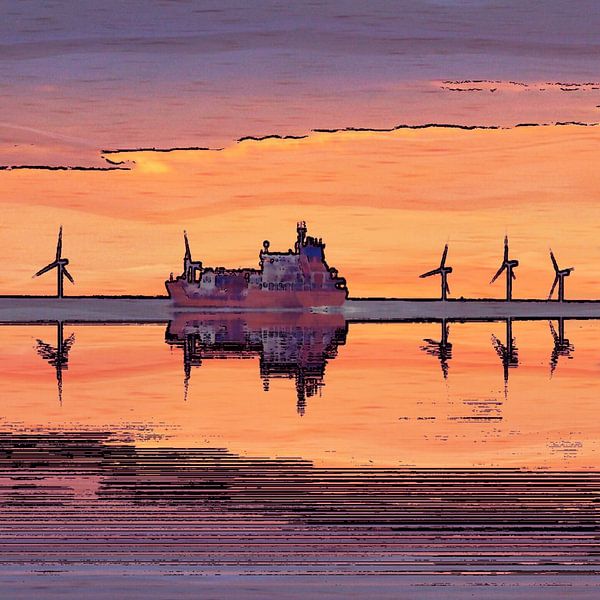 windmolens en containerschip bij zonsondergang van Joke te Grotenhuis