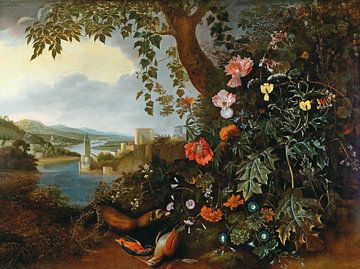 Eine Landschaft mit Blumen und einer Marder- und Vogelfalle, Matthias Withoos
