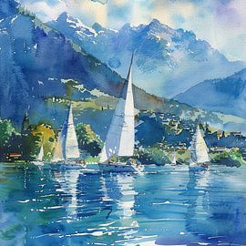 Segelboote Wasser Gebirge Landschaft Aquarell Natur Himmel