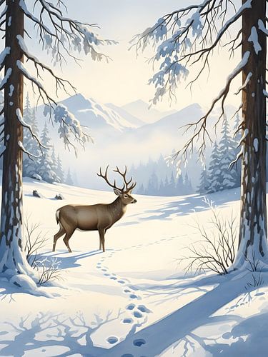 Majestueus hert in sereen besneeuwd winterboslandschap