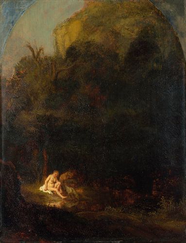 Diana in bad verrast door een sater, volgeling van Rembrandt