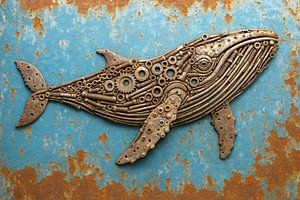 Baleine en métal en design industriel (AI) (baleine à bosse, Megaptera novaeangliae, steampunk, mer, rouille)
