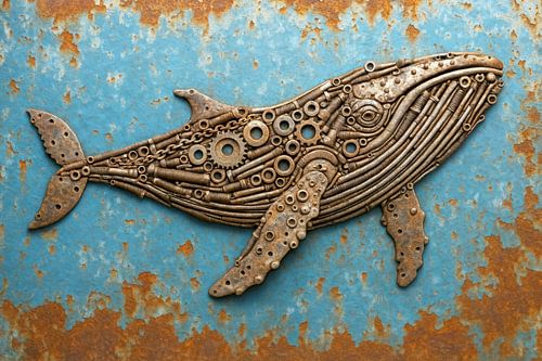 Metalen walvis in industrieel design (AI) (bultrug, Megaptera novaeangliae, steampunk, zee, roest, recycled, reliëf)