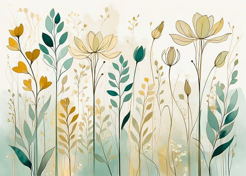 Elegante illustratie van botanische bloemen in pastelkleuren met minimalistische bladeren