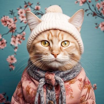 Portrait d'un chat roux avec un bonnet de laine rose sur Vlindertuin Art